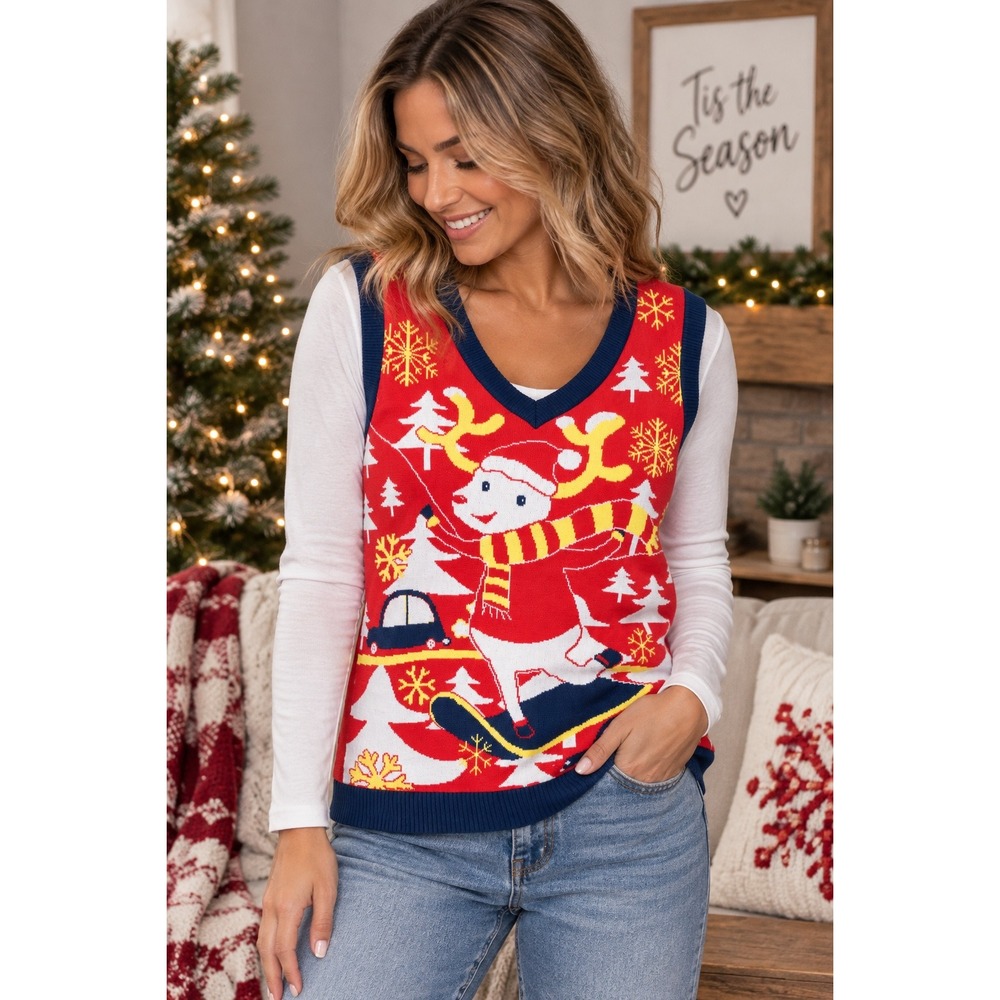 Vintage Y2K Christmas Reindeer Sweater Vest Red Navy Snowboard Ski SUse S